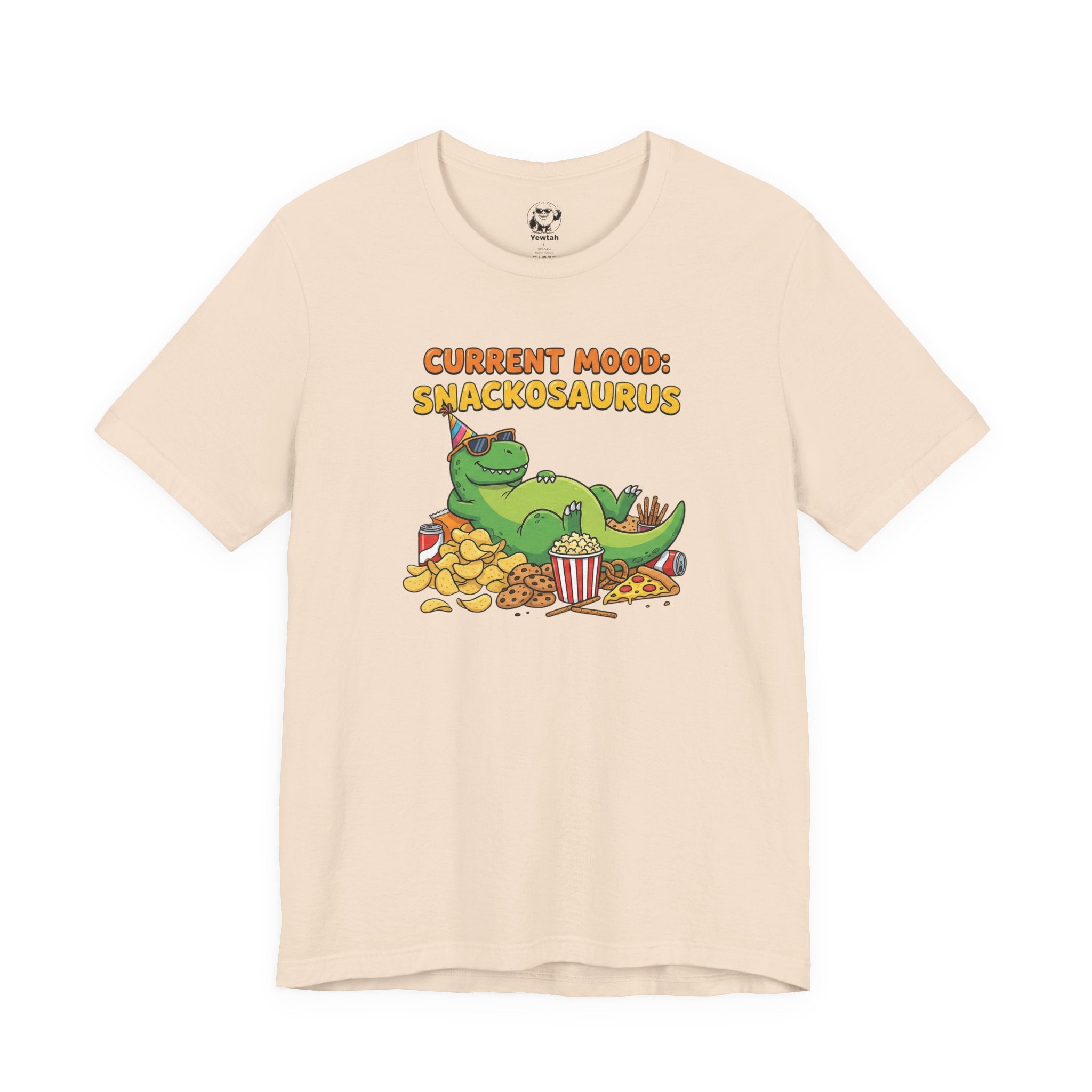 Snackosaurus Tee — "Current Mood: Snackosaurus" Funny Dino Graphic T-Shirt