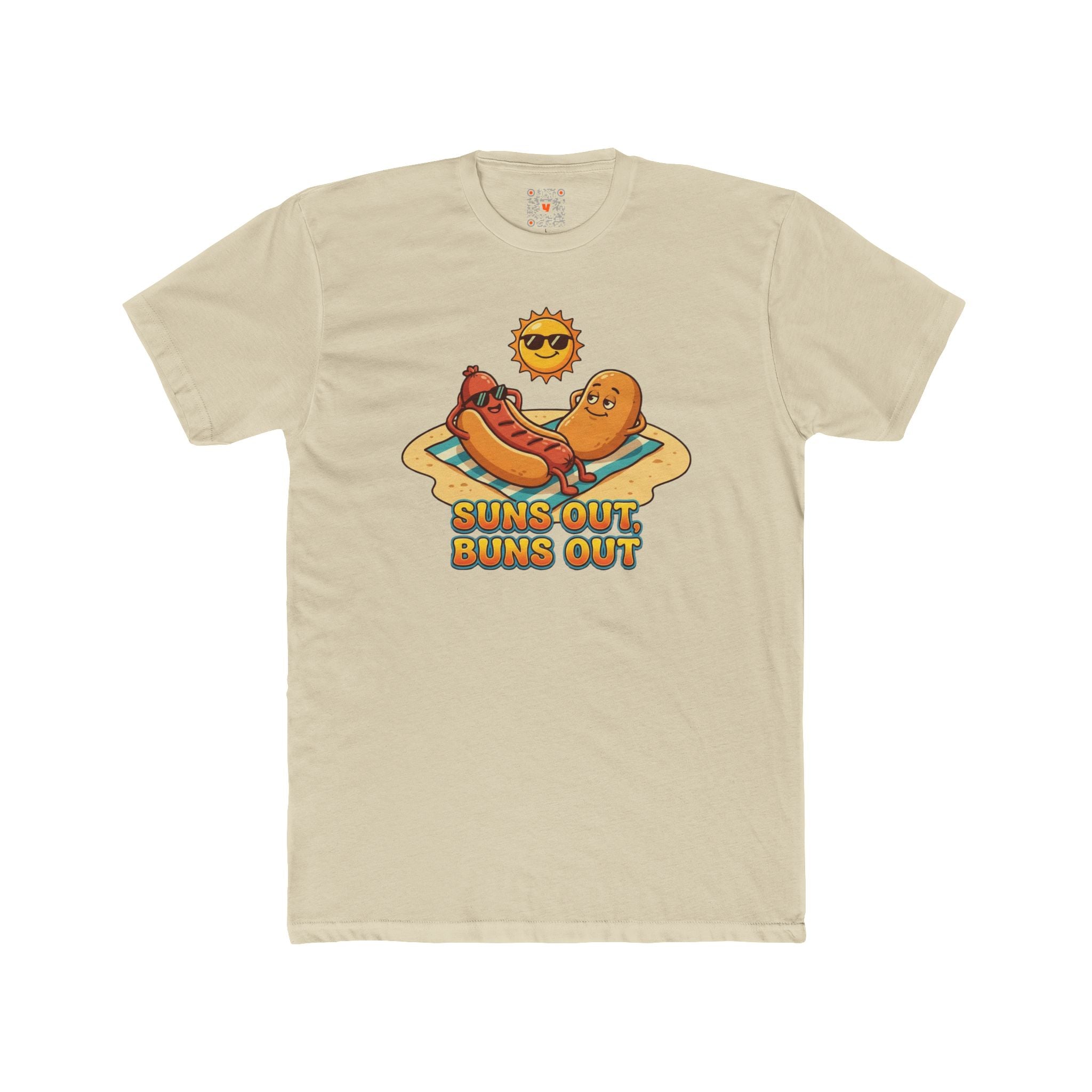 A real product image of the Suns Out Buns Out Tee, a playful summer graphic shirt