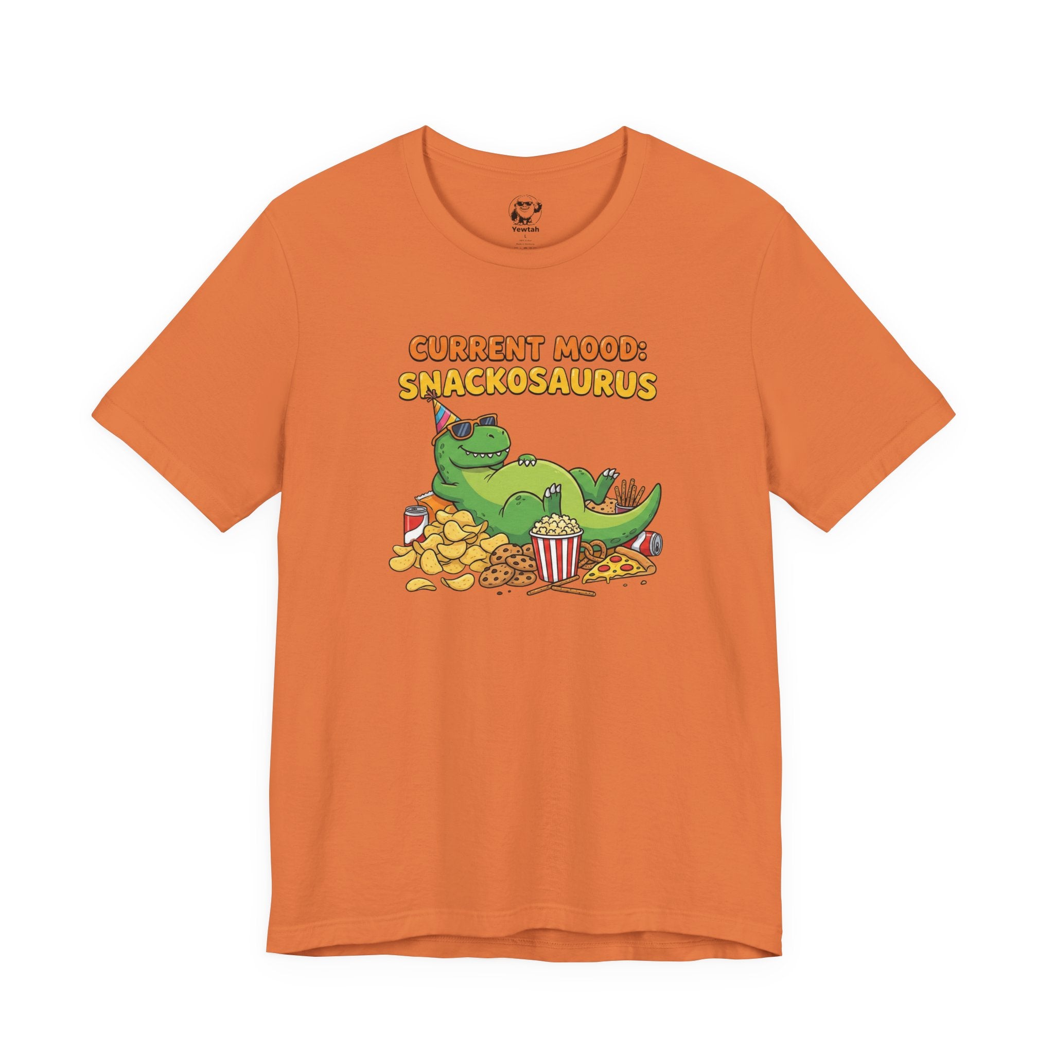 Snackosaurus Tee — "Current Mood: Snackosaurus" Funny Dino Graphic T-Shirt