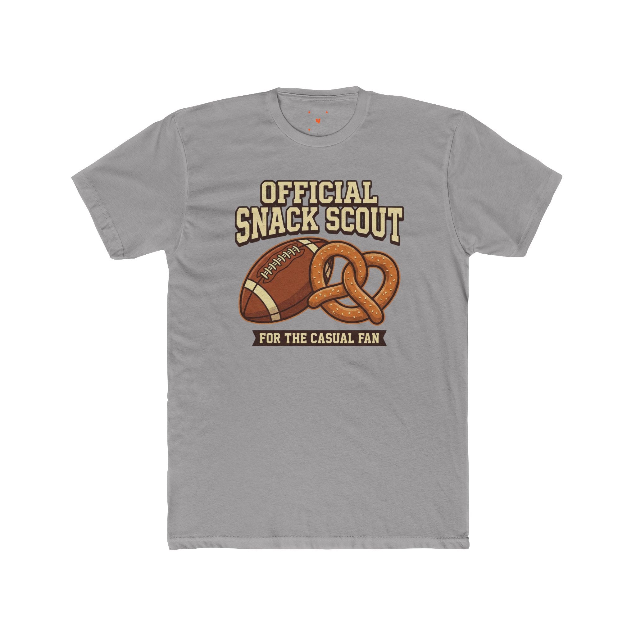 Gray T-shirt with a football, pretzels, and the words “Official Snack Scout for the Casual Fan”