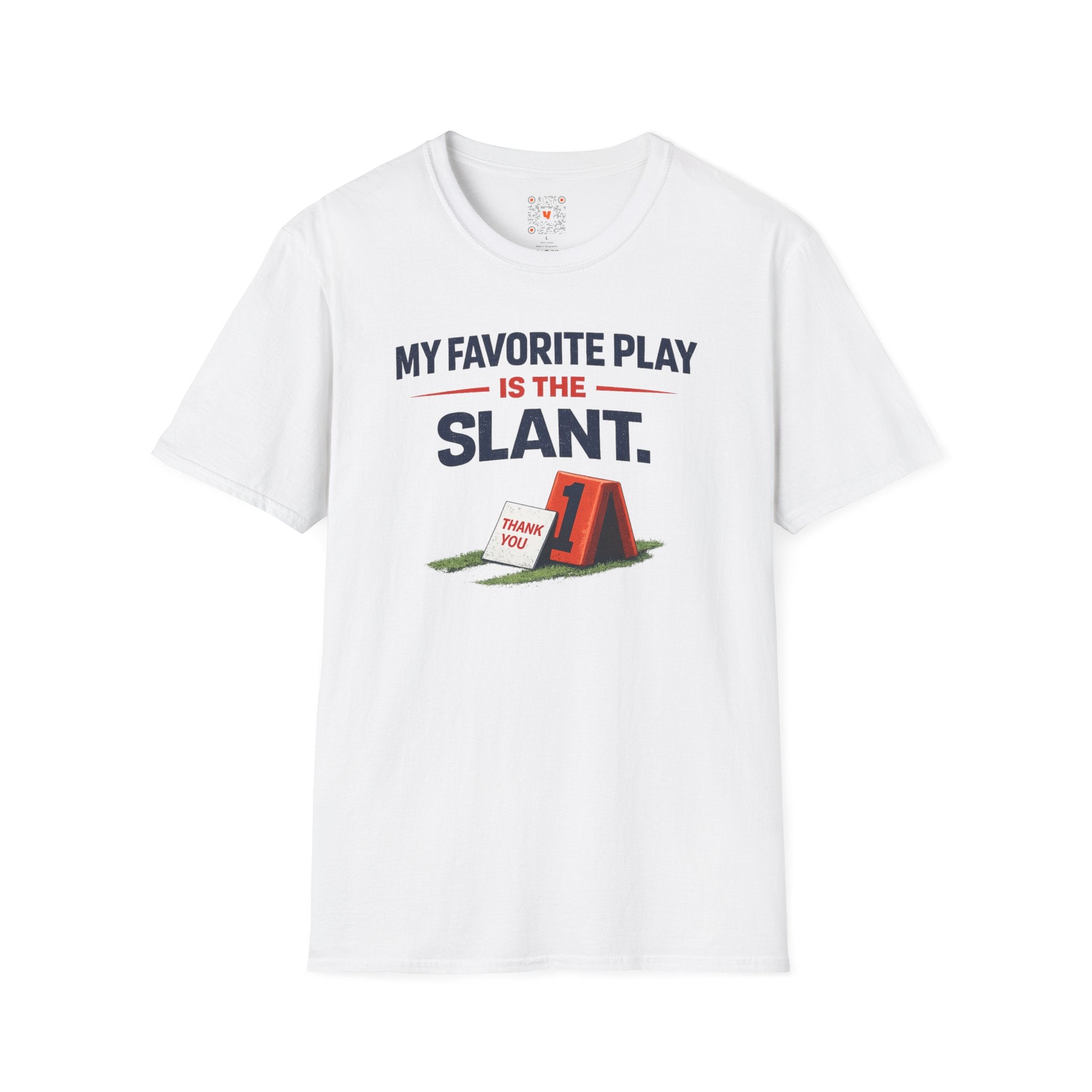 White T-shirt with the words “My Favorite Play Is the Slant” and a playful football field graphic
